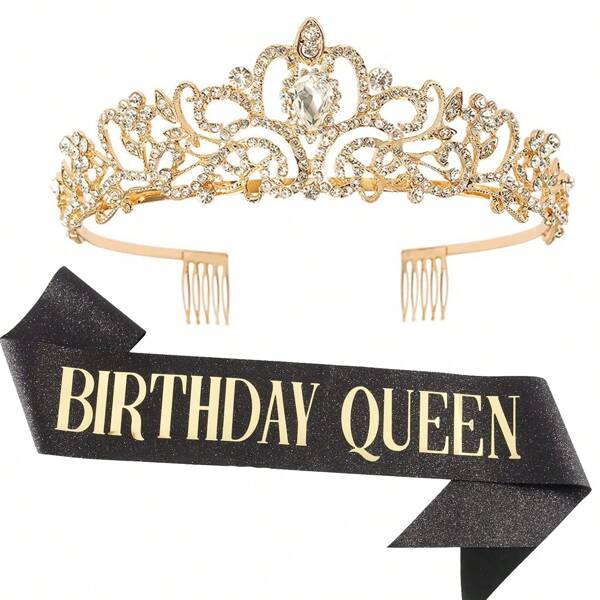 Bling Rhinestone Gold Crystal Crown Tiara Black Gold Birthday Queen Sash And Crown For Women Birthday Party Decoration Kit Queen Glitter Crystal Hair Accessories