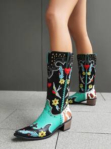Vintage Embroidered Western Cowboy Boots With Chunky Heels, Mid-Calf, Rivet Contrast Color