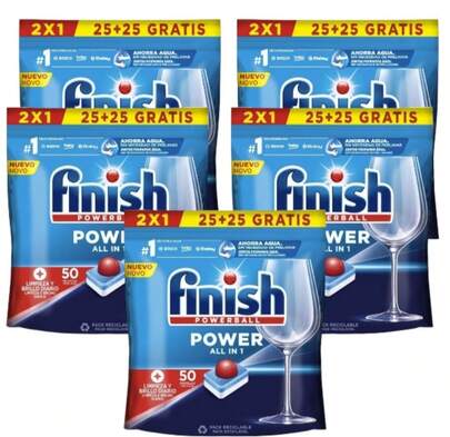  ✅ Entrega 24/72h Finish Power All in 1 - Pack de 5 Paquetes De 25+25 (250) Pastillas o Pack De 2 Paquetes De 25+25 (100) Pastillas para lavavajillas sin fosfatos, con potente Powerball para eliminar las manchas de grasa más difíciles.