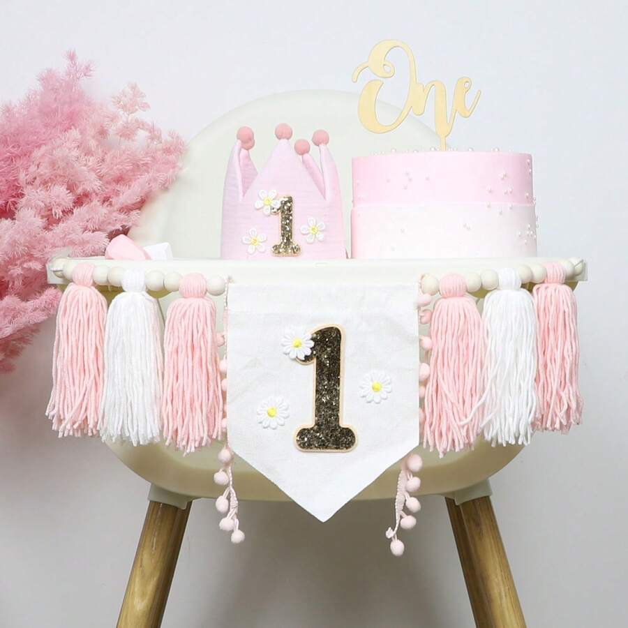 1pc 1st Birthday Party Decoration Set | Wooden Bead Tassel Banner | Adorable Birthday Hat | Daisy Theme Baby Photo Props | Bohemian Style Party Decor - Multicolor - View 1