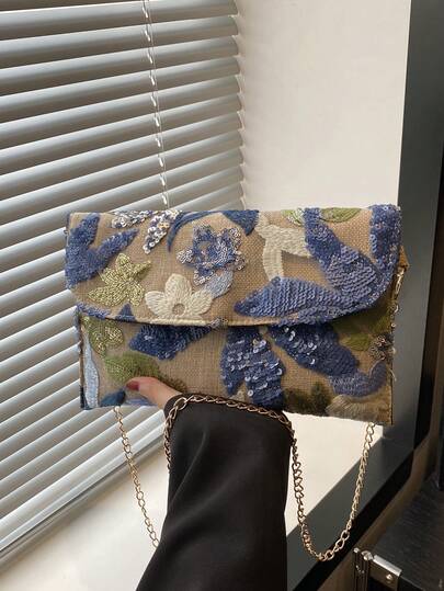 Sequin Embroidered Floral Envelope Bag, Ladies Fashion Sequin Patchwork Clutch Bag, Party Dinner Bag, Random Cut, Suitable For Women, Suitable For Parties, Weddings, Proms, Perfect For Parties, Weddings, PROM Dinners/Banquets, With Holiday Party Dresses, Evening Gowns And Sequin Dresses.