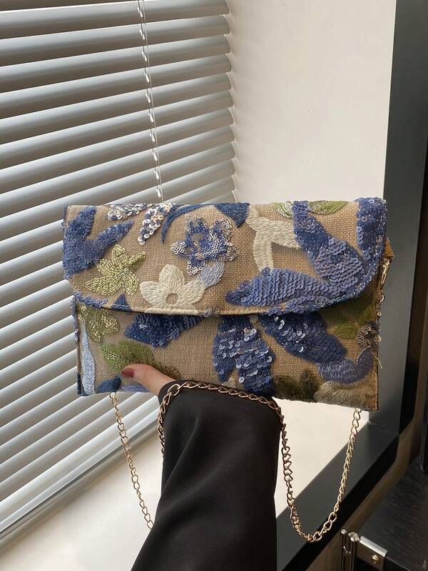Bolso de sobre bordado con lentejuelas con estilo floral, bolso de embrague con patchwork de lentejuelas de moda para damas, adecuado para fiestas, bodas, bailes de graduación, perfecto para fiestas, bodas, cenas/banquetes de graduación, con vestidos de fiesta, vestidos de noche y vestidos con lentejuelas.