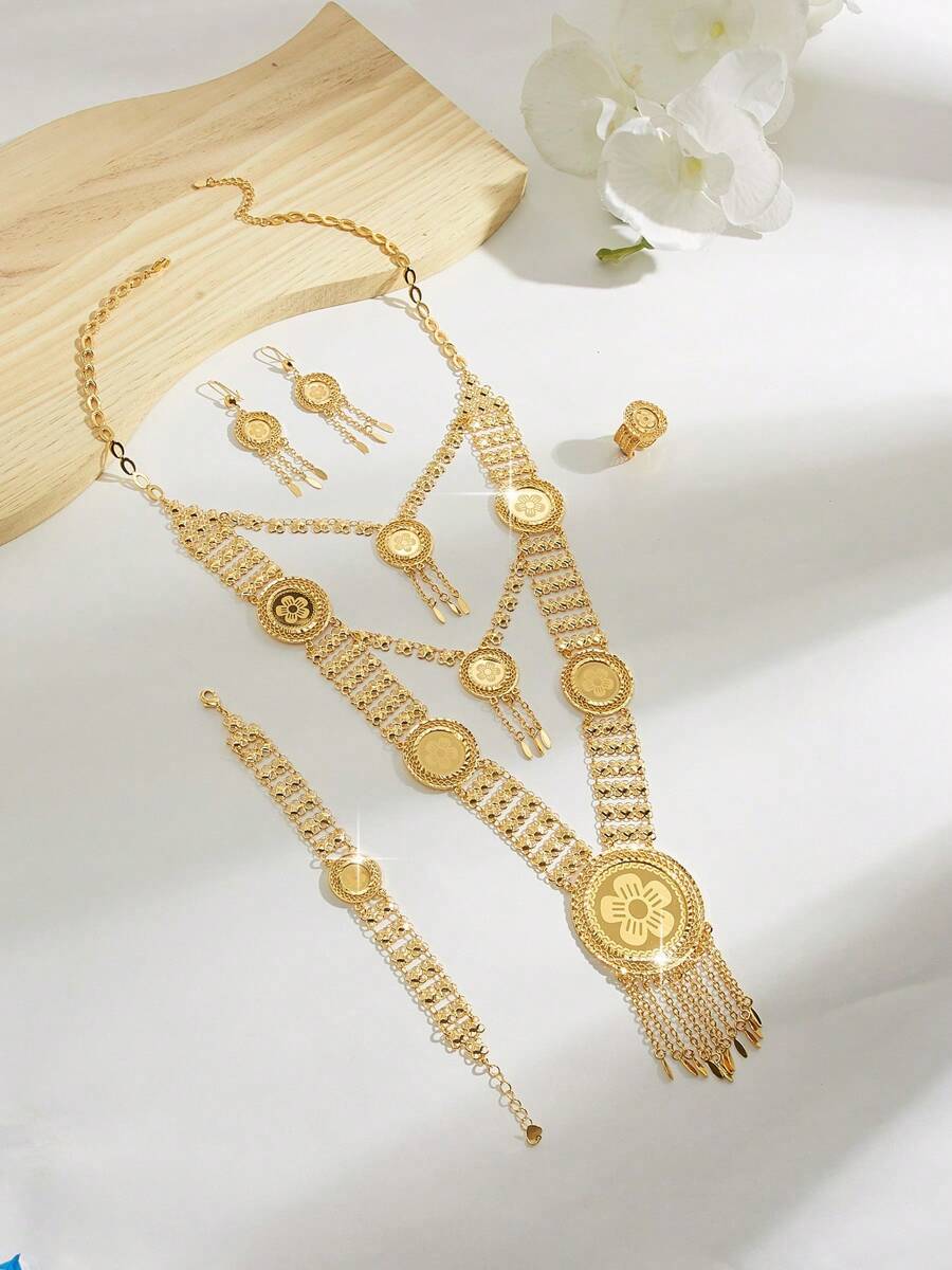 Mgyi Gold-Colored Copper Fashionable And High-End Luxury Retro Jewelry Set For Women,14K Gold Plated Elegant Luxury Square Design Necklace, Earrings, Bracelet, Ring For Women, Suitable For Nigeria, Dubai, Middle East, Saudi Arabia Bridal Wedding, Daily Wear, Wedding Anniversary Gift, Halloween Gift For Friends