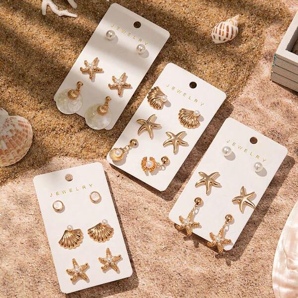 6 Stücke 18 Karat vergoldeter Legierungs Seestern, Muschel und Imitat-Perlen Ohrringe Set, geeignet für täglichen Gebrauch und Urlaub