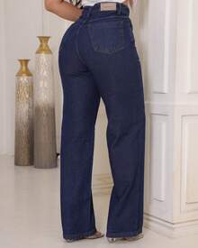 Women's Wide Leg Jeans, 100% Denim Fabric, High Waist On - 深色水洗藍 - 查看 3