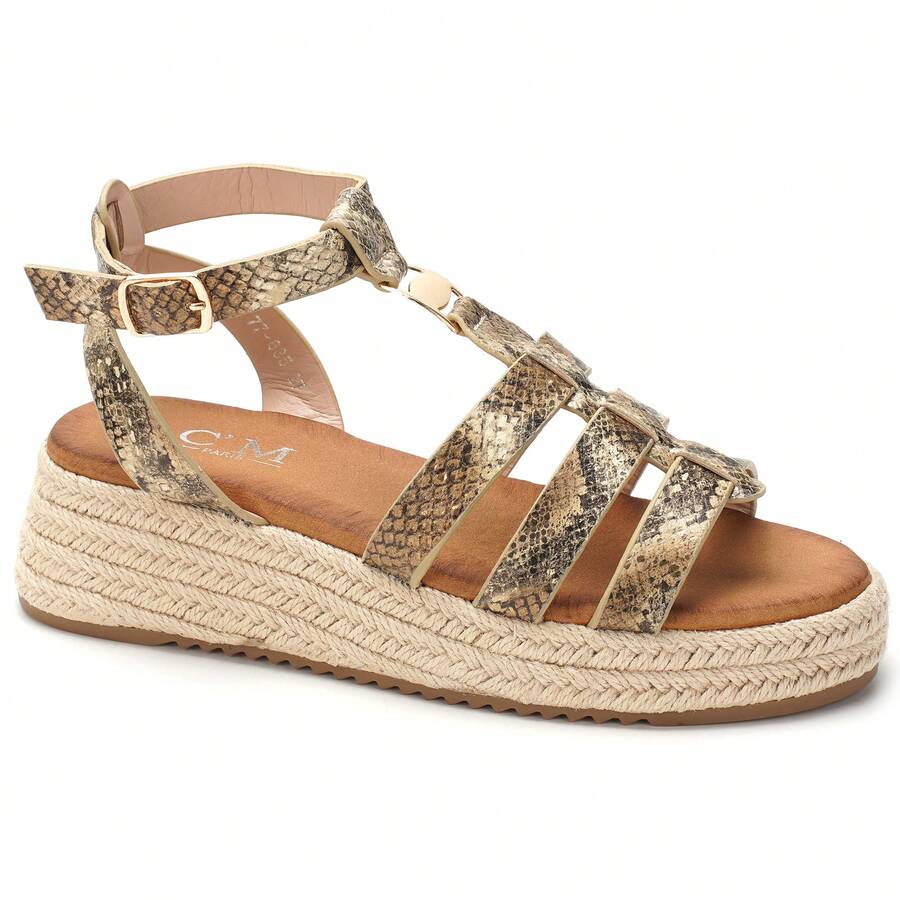 calcena 女式多带帆布厚底凉鞋，带踝扣 - 露趾夏季编织鞋底鞋 - 米色 - 查看 1