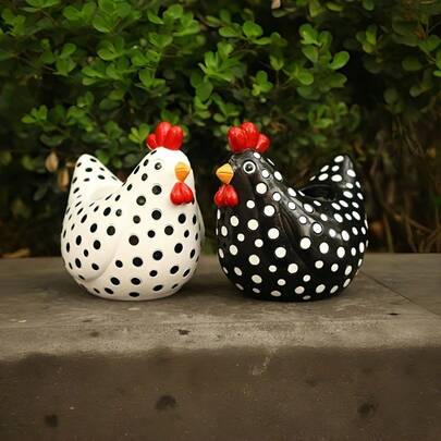 树脂散养黑白鸡花园花盆草坪装饰