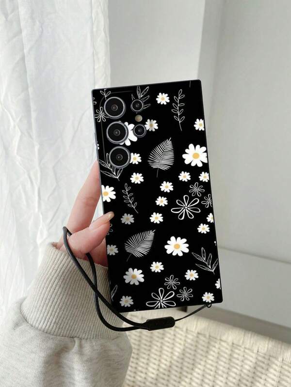 Flower 1pc Black TPU Daisy & Leaf Print Shockproof Phone Case With 1pc Black Silicone Wrist Strap, Compatible With IPhone, And Redmi 10/9/Note 9/12C/Note 11 Pro/Note 8 Pro/9C/9A, Anti-Drop Protective Phone Cover Case
