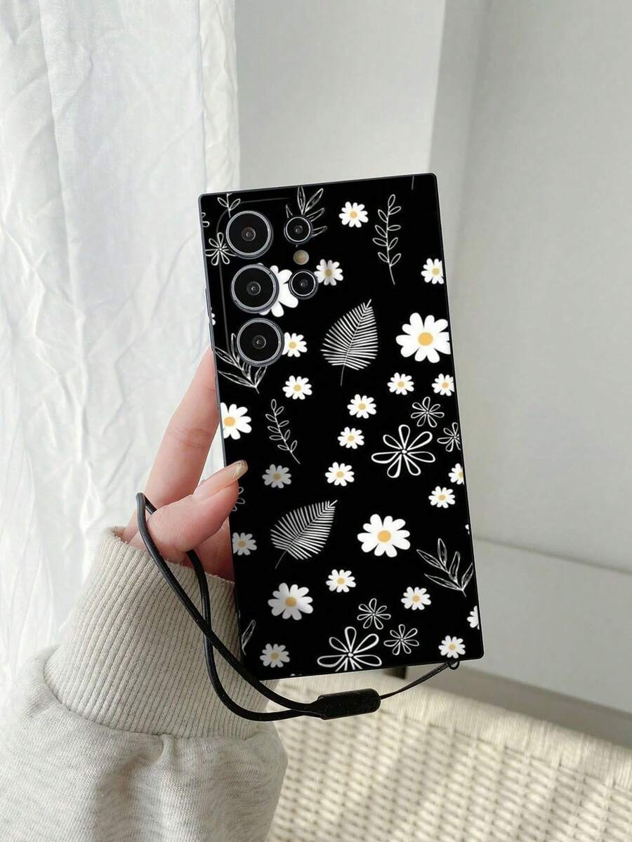1pc Black TPU Daisy & Leaf Print Shockproof Phone Case With 1pc Black Silicone Wrist Strap, Compatible With IPhone, Compatible With Redmi 10/9/Note9/12C/Note11Pro/Note8Pro/9C/9A Protective Phone Case - Multicolor - View 1