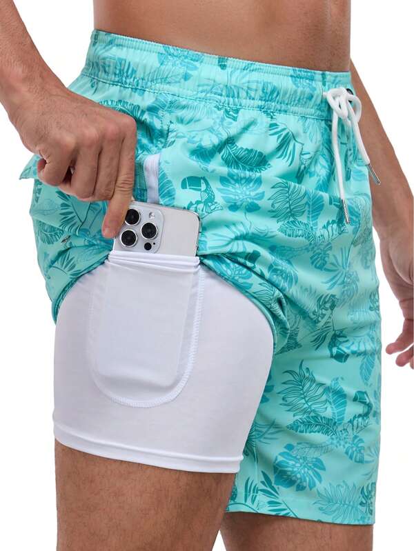 Short de hombre de secado rápido con estampado, troncos de playa de moda con forro de seda de leche, hawaiano