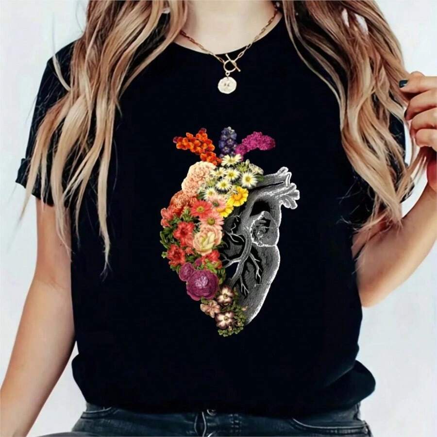 Cool Summer TRENDSSy Women's Sweet Style Cute Summer Clothing Printing Fun Versatile Pattern T-Shirt Fashion Short Sleeve Casual T-Shirt - 黑色 - 查看 1