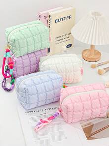 1 件马卡龙色化妆品收纳包儿童旅行化妆包柔软泡沫绗缝化妆收纳包大容量洗漱包带拉链时尚网格设计手拿包便携式手持化妆包带绳钥匙扣可爱零钱包儿童铅笔盒珠宝收纳包、唇油收纳包、指甲油收纳包、洗漱用品收纳包、钢笔收纳包极具吸引力的化妆包，适合上学和旅行 - 彩色 - 查看 2