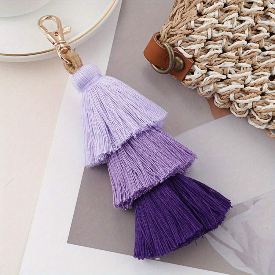 1pc Boho Tassel Keychain - Gradient Blue & White Wooden Key Ring For Purse, Bag, Backpack, Or Car Decoration - Stylish Women's Gift Accessory, Purse Decoration | Elegant Keychain | Woven Texture - Purple - View 1