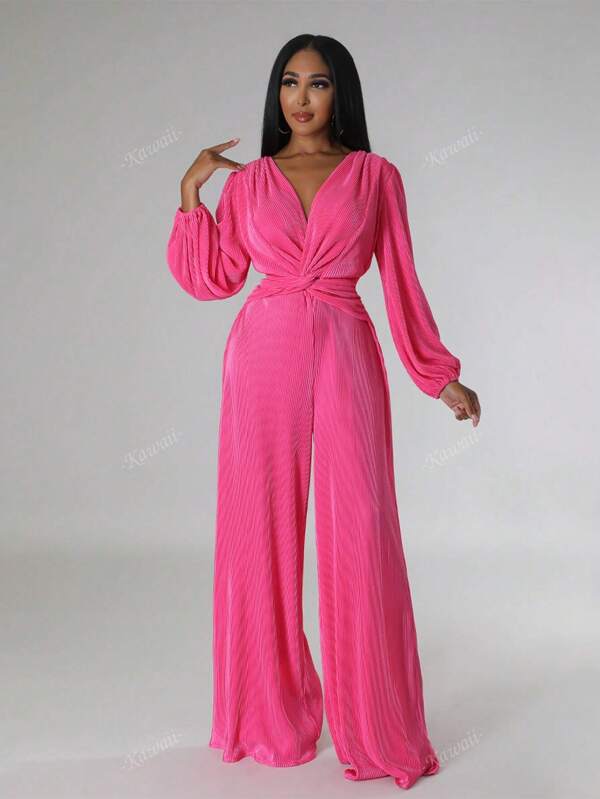 V-Neck Pleated Fabric Long Sleeve Waisted Wide Leg Pants Jumpsuit