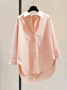 Women's Casual Loose Button-Up Color Block Front Short Back Long Shirt For Daily Commute, Spring/Autumn
