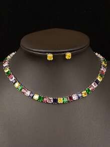 1 Set mit 3 Stücken orientalischer Stil minimalistischer Zirkonia Halskette & Ohrringe Set, elegant für Braut-Hochzeit, formelle Party, Verlobung, hochwertiges Schmuckgeschenk für Frauen