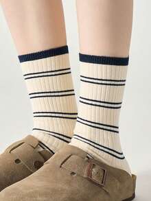 1 双/2 双男女款薄款条纹中筒袜，百搭休闲袜，适合日常穿着，秋季 - 彩色 - 查看 2