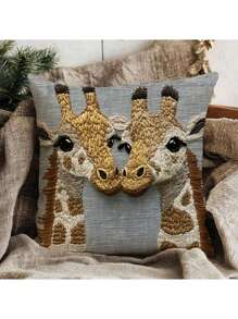 1pc Super Soft Short Plush Single-Sided Printed Throw Pillow Cover, 18" X 18", Non-Embroidered, "Giraffe Day Lets Us Connect" Design, Square Cushion Cover For Sofa Bed Bedroom Car Living Room, No Filler