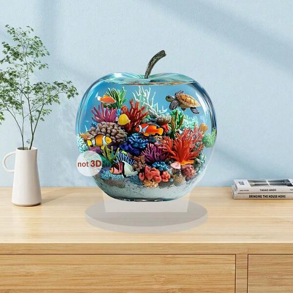 1 Piece 2D Illustration Acrylic Apple Shape Desktop Ornament Creative Painted Print Design Transparent Small Desktop Decoration, Suitable For Home And Office, Multifunctional Holiday And Daily Decoration, Perfect For Giving To Friends And Birthday Gifts Easter Gifts