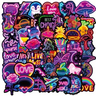 50/100Pcs Love Neon Stickers, Colorful Neon Graffiti Stickers For DIY Notebook, Laptop, Phone Case, Water Bottle, Guitar, Luggage, Skateboard, Helmet, Car, Waterproof Vinyl Stickers For Teens Adults