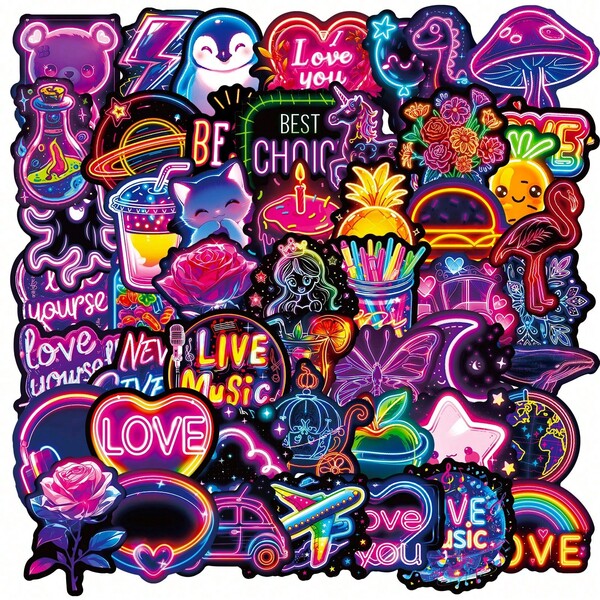 50/100Pcs Love Neon Stickers, Colorful Neon Graffiti Stickers For DIY Notebook, Laptop, Phone Case, Water Bottle, Guitar, Luggage, Skateboard, Helmet, Car, Waterproof Vinyl Stickers For Teens Adults