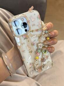 Funda de teléfono suave con flores y conejo compatible con iPhone 16 Pro Max, 15, 14 Pro, 13, 12, 11 Plus, cubierta encantadora con cadena y cordón