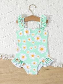 1pc Green Daisy Pattern Young Girl One-Piece Swimsuit, Fashionable For Summer - Multicolor - View 1