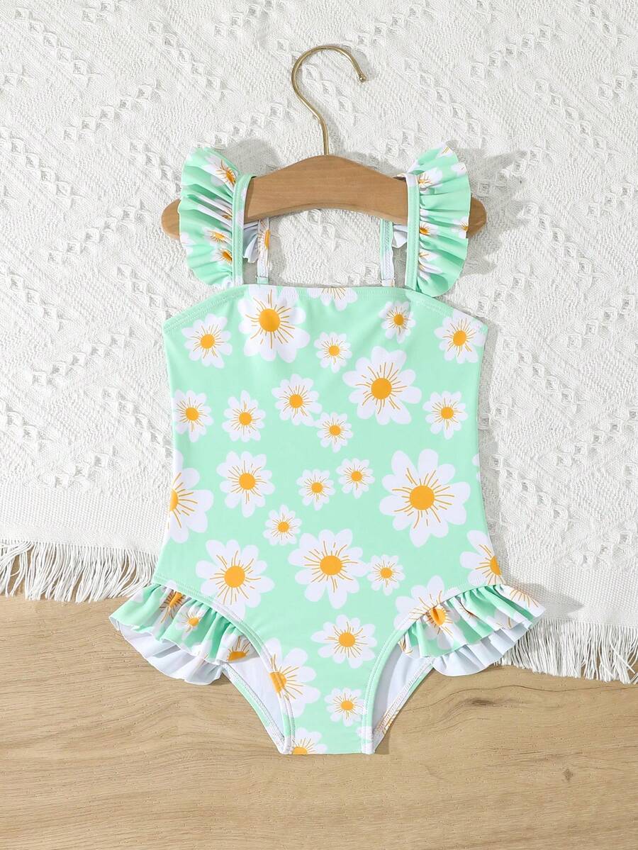 1pc Green Daisy Pattern Young Girl One-Piece Swimsuit, Fashionable For Summer - Multicolor - View 1