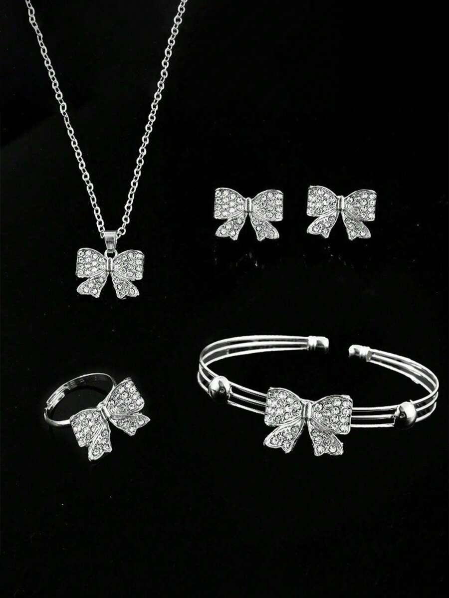 5pcs Gold Rhinestone Butterfly Decorated Jewelry Set, Fashionable, Versatile, Casual