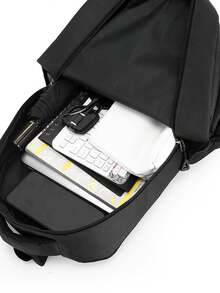 男士多隔层尼龙字母印花背包，可装15.6英寸笔记本电脑，多口袋轻便书包，大容量旅行包，便捷通勤背包，多功能背包，适合学生、中小学生、商务旅行、旅游、日常通勤、户外运动、节日和生日礼物 - 黑色 - 查看 9