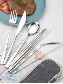 Bộ dao nĩa bằng thép không gỉ, bộ dụng cụ ăn bít tết kiểu Hàn Quốc bao gồm đũa và ống hút, tiện lợi mang theo khi đi du lịch ngoài trời và dành cho học sinh. - Nhiều màu - Xem 6