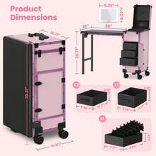 Rolling Portable Manicure Table With 3 Drawers, Mirror & Nail Polish Organizer, Lockable Makeup Train Case With Foldable Nail Desk, Cosmetic Travel Case For Workstation Mobile, Nail Tech-Pink - Pink - View 3