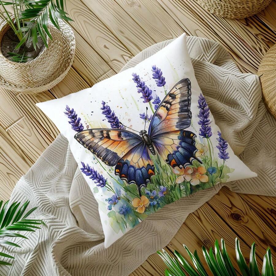 1pc Watercolor Floral & Butterfly Printed Pillow Cover [Inner Pillow Not Included], 11.81*19.71in (30*50cm), [Single-Sided Printing] Polyester Throw Cushion Cover, Room Decor, Home Decor, Bedroom Decor, Room Decoration, Suitable For Sofa, Bed, Living Room, Bedroom, Car, Office, Hotel, Perfect Gift For Family And Friends, All Seasons