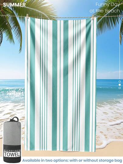 1件印花沙滩巾，绿白条纹图案，可用作泳巾或浴巾，时尚设计，超强吸水性，适用于浴室、游泳、健身、瑜伽等场合。