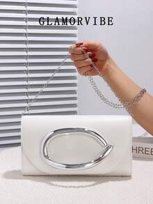 1 pieza Bolso de embrague de cuero blanco elegante y de moda para mujer, decoración de asa brillante, correa de hombro desmontable de cadena metálica, diseño con solapa, adecuado para fiesta, boda romántica, baile de graduación, discoteca, regalo de cumpleaños, combinación con vestido, Día de San Valentín, regalo de vacaciones - Blanco - Ver 4