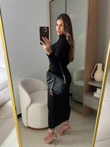 RIBBED DRESS WITH ELEGANT SLEEVES HIGH QUALITY MODAL AUTUMN AND WINTER - Black - View 2
