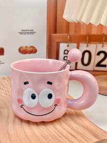 1pc 350ml Cartoon Pig Ceramic Coffee Cup With Lid & Spoon, Handlebar Mug, Pink Milk Cup With Pattern, Suitable For Birthday & Couples, High-Quality And Meaningful Gift