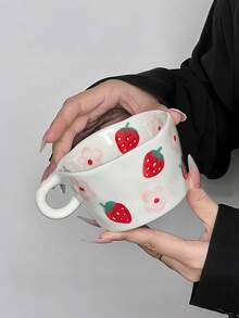 1pc Small Strawberry Flower Cup, Creative Hand-Painted Strawberry Flower Ceramic Cup Unique Hand-Pinched Mug Cute Little Flower Cup, Gift Coffee Mug, Suitable For Restaurant, Living Room, Cafe, Gathering - A Small Flower Strawberry Cup - View 1
