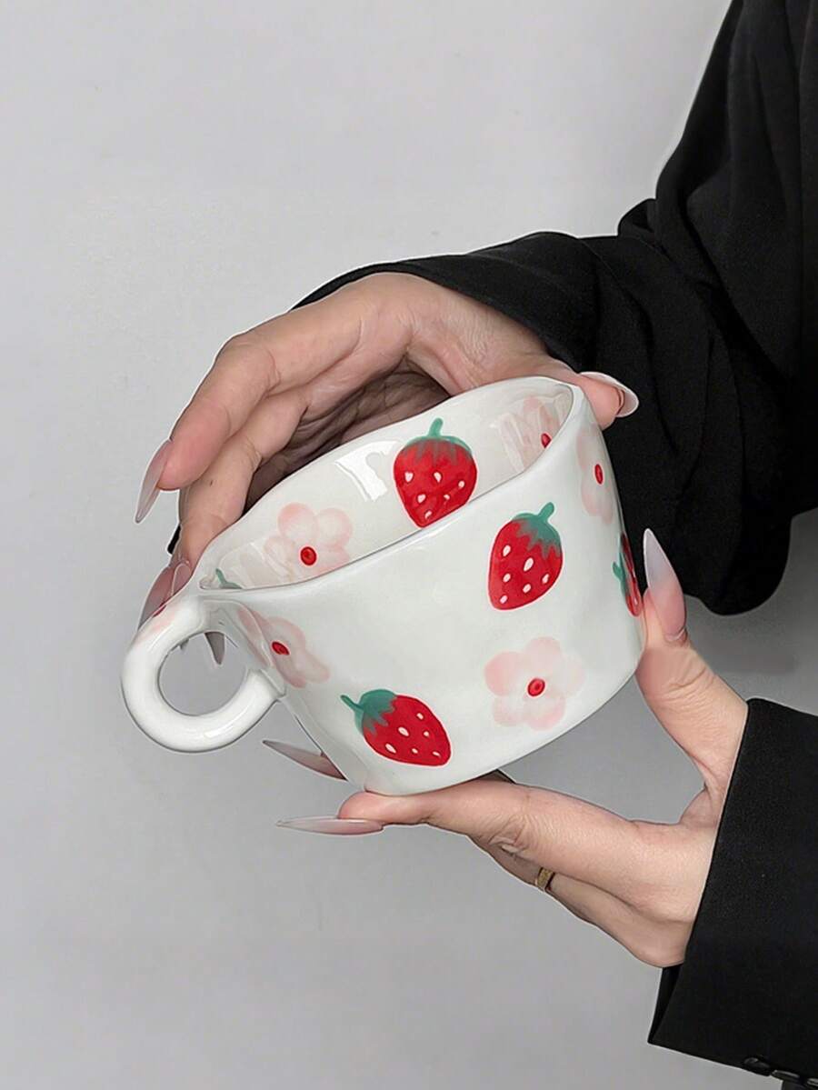 1pc Small Strawberry Flower Cup, Creative Hand-Painted Strawberry Flower Ceramic Cup Unique Hand-Pinched Mug Cute Little Flower Cup, Gift Coffee Mug, Suitable For Restaurant, Living Room, Cafe, Gathering - A Small Flower Strawberry Cup - View 1