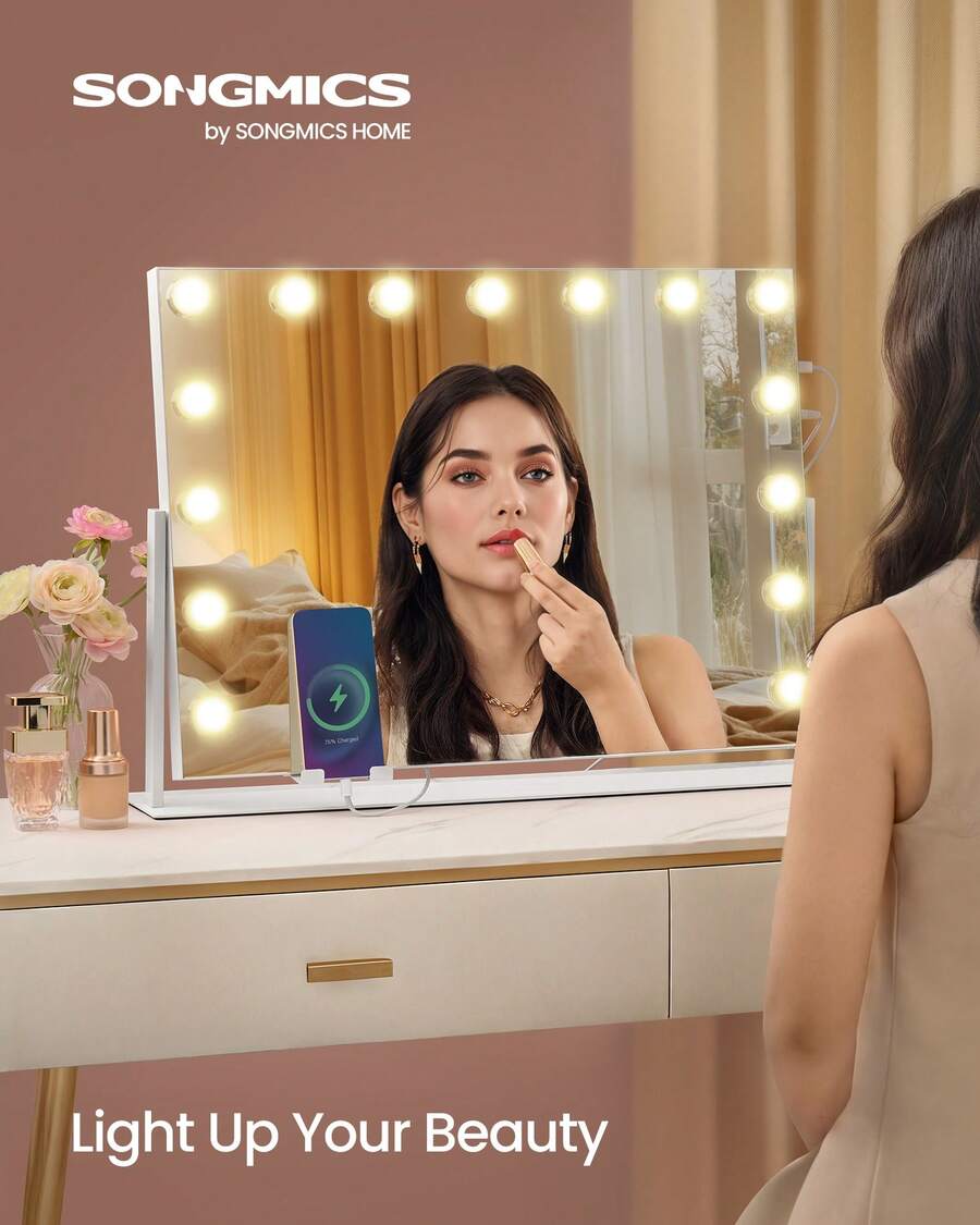 SONGMICS 带灯梳妆镜，触摸控制，15 个可调光 LED 灯泡，带充电端口，可拆卸 10 倍放大镜，3 种色温，手机支架，哑光白色，开学季适用 - 英規插(220-240V) - 查看 1