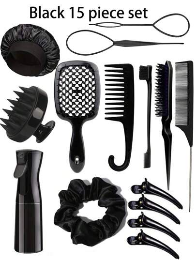 SHEIN X Milania 15 Piece Hair Styling Brush, 1/12/13 Piece Hair Combs, Pointed Tail Combs, Rat Tail Combs, Edge Brushes, Hair Brushes, High-Pressure Spray, Hairpins, Hair Rings, Wide Tooth Combs, Bath Caps, Hair Braiders, Suitable For All Kinds Of Hair Styles,Back To School,Travel Holiday Essentials,Hair Accessories For Women