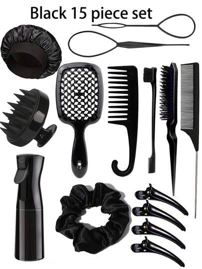 SHEIN X Milania 15 Piece Hair Styling Brush, 1/12/13 Piece Hair Combs, Pointed Tail Combs, Rat Tail Combs, Edge Brushes, Hair Brushes, High-Pressure Spray, Hairpins, Hair Rings, Wide Tooth Combs, Bath Caps, Hair Braiders, Suitable For All Kinds Of Hair Styles,Back To School,Travel Holiday Essentials,Hair Accessories For Women
