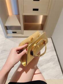 1pc Stylish EU/US Metallic Decorated Mini Box Handbag, High-End Shiny Metal Bar Clutch Purse, Elegant Luxury Evening Dress Party Bag, Leather Design Prom Dancing Clutch/Wedding Ceremony Handbag With Metal Chain - Gold - View 8