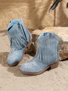 1 双女童高帮休闲防滑公主靴，时尚百搭，适合秋冬 - 藍色 - 查看 4