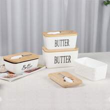 Ceramic Butter Dish, Rectangular Ceramic Butter Dish With Wooden Lid And Butter Knife, 500ml/600ml/850ml Simple Western Style Cheese Storage Box Ceramic Butter Holder - White - View 12