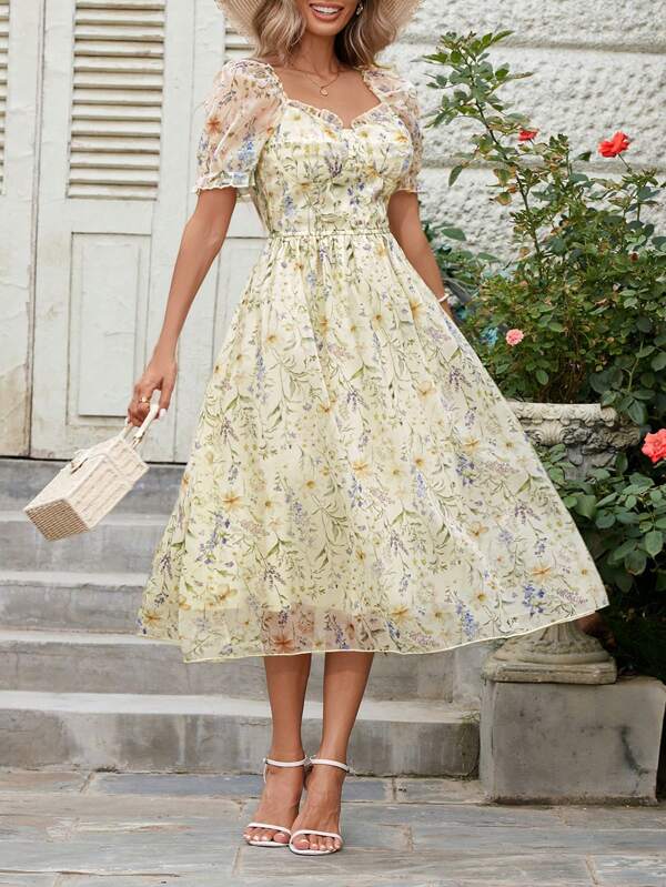 Women's Romantic Elegant Flowy Ditsy Floral Waist-Cinched Long Dress, Short Sleeve Summer Dress