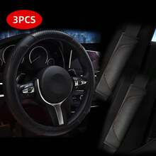 3pcs/Set PU Leather & Carbon Fiber Non-Slip Steering Wheel Cover + 2pcs Shoulder Pads Car Accessories Sets, Universal Fit, Adds Color To Your Car! Multiple Colors Available,Car Accessories