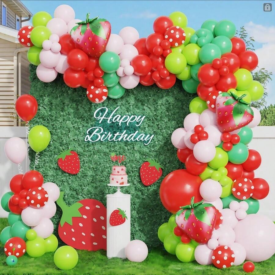117pcs Strawberry Balloon Arch Kit- Pink And Red Size Strawberry Foil Balloons Garland Kit For First Theme BabyShower Shortcake Birthday Party Decorations
