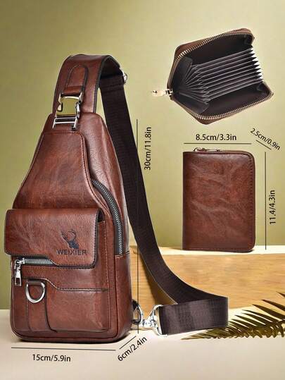 2 piezas/1 pieza Bolso bandolera, bolso de hombro, bolso de mano para hombres, billetera, portacartas, riñonera, bolso de pecho, bolso de estudiante, hecho de material de PU, bolsillos grandes, alta capacidad, con conector para auriculares, diseño casual y sencillo, bolso de moda, bolso para ir y venir, nuevo bolso de negocios para hombres, bolso de fin de semana, adecuado para viajes de negocios, compras, deportes, ir a la escuela, gran regalo para amigos y familiares, bolso para teléfono