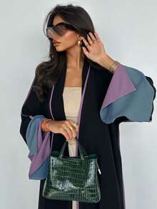 1 件时尚简约撞色袖饰女士纯色中东风格长裙优雅开衫长款阿巴亚连衣裙，适合日常和节日场合 - 紫色 - 查看 2